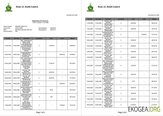 Modèle Word et PDF de relevé de compte de Pakistan Bank Al Habib, 4 pages, 1 2 pages